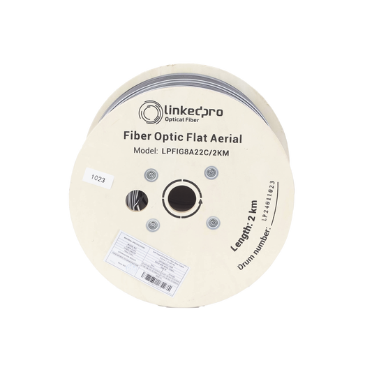 Carrete de 2 km de Fibra Óptica Aérea Mini Figura 8 G.657A2 tipo Drop Plana, Monomodo de 2 Hilos (bifibra), Color Negro, (No Soporta Conectores Mecánicos)