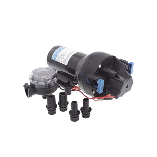 Bomba controlada por presión Par Max para trabajo pesado a 12 Vcd, caudal de 5 GPM, presión máxima 40 psi, para manguera de entrada con orificio de 38 mm (1½”), manguera de descarga con orificio de 25 mm (1”)