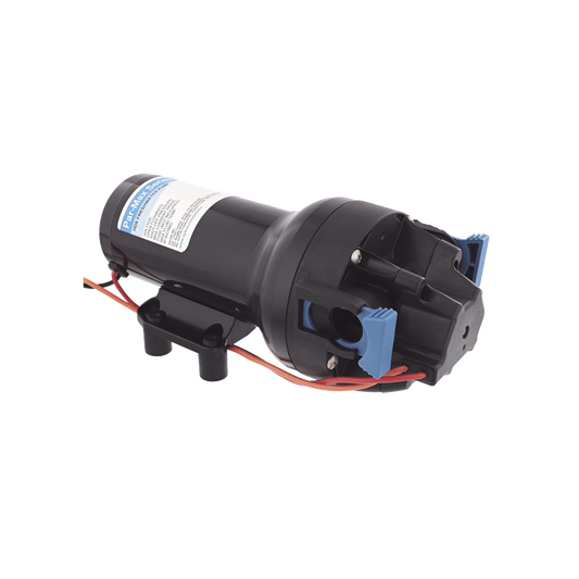 Bomba controlada por presión Par Max 6 para trabajo pesado a 12 Vcd, caudal de 6 GPM, presión máxima 40 psi, para manguera de entrada con orificio de 38 mm (1½”), manguera de descarga con orificio de 25 mm (1”)