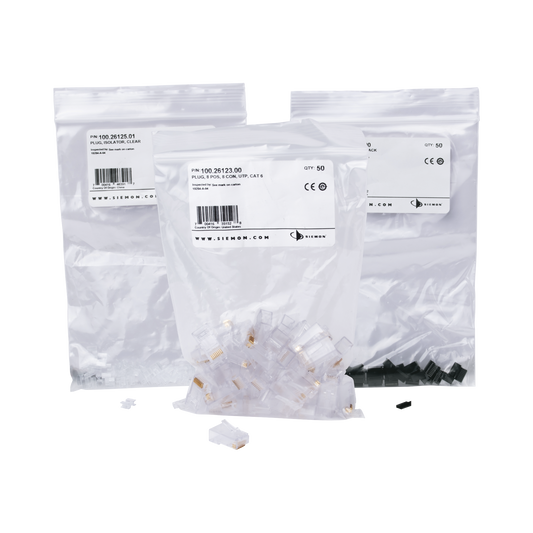 Plug RJ45 Cat6, Para Cable UTP Calibre 23 a 26 AWG, Chapado en Oro de 50 micras, Bolsa con 50 piezas