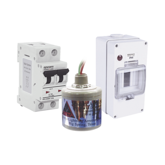 Kit de Centro de Carga Para Corriente Directa, Breaker de hasta 800 Vcc de 16 A con Supresor de Descargas Atmosféricas.