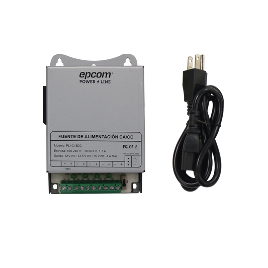 Fuente de Poder Metálica / Para 4 Cámaras / Ajustables a 12 o 13.5 o 15 Vcc / 4 Amperes / Instalación en Pared.