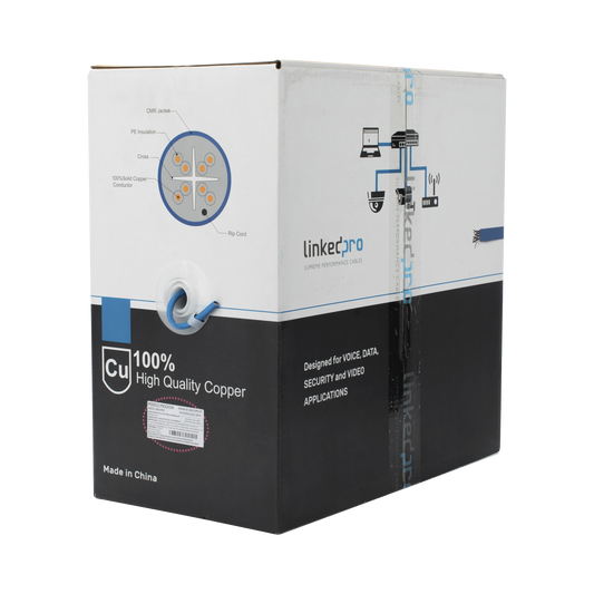 Bobina de cable de 305 metros Cat6+, CMR, CALIBRE 23 ALTO RENDIMIENTO, ETL,UL, color azul, super flexible, para aplicaciones de video vigilancia, video HD, y redes de datos. Uso interior.