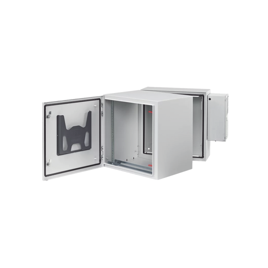 Gabinete Industrial ProTek de Puerta Sólida, Con Aire Acondicionado de 2000 BTU, Protección NEMA Tipo 4/12; IP66; IK10, Abatible, Fabricado en Acero, 12 UR, Color Gris Claro