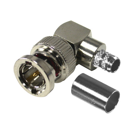 Conector BNC Macho en Ángulo Recto para 75 Ohm, Anillo Plegable en Cable Coaxial RG-6/U, Grupo Q, Níquel/ Oro/ Teflón.