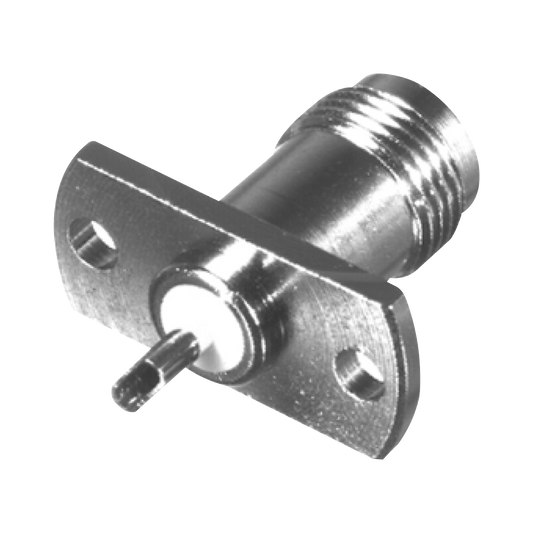 Conector TNC Hembra para Chasis de 2 Perforaciones de 18 mm, Terminal Soldable, Níquel/ Oro/ Teflón.