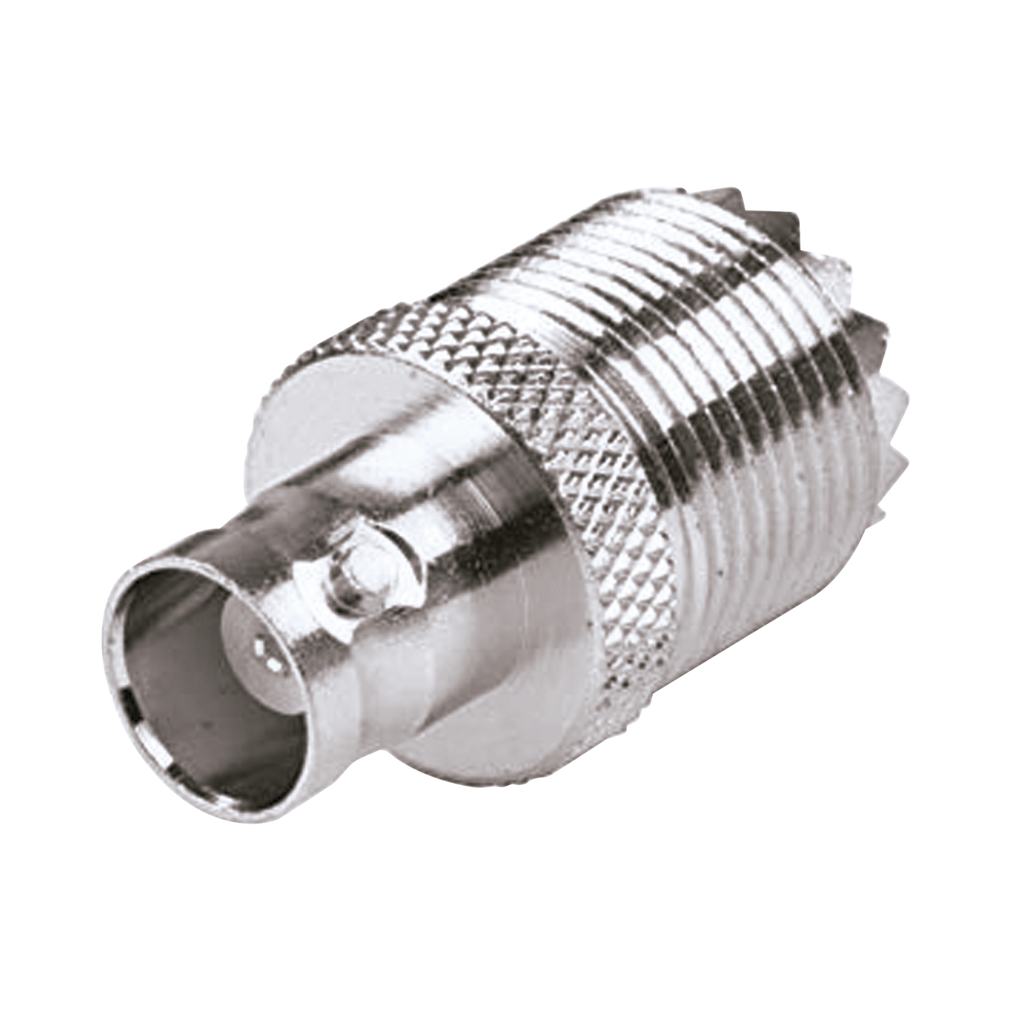 Adaptador en Linea para 50 Ohm, Conector UHF Hembra (SO-239) a BNC Hembra, Níquel/ Plata/ Delrin.