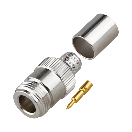 Conector N Hembra Inverso de Anillo Plegable para Cables 9913, RG-8/U, LMR-400, Grupo I, Níquel/ Oro/ Teflón.