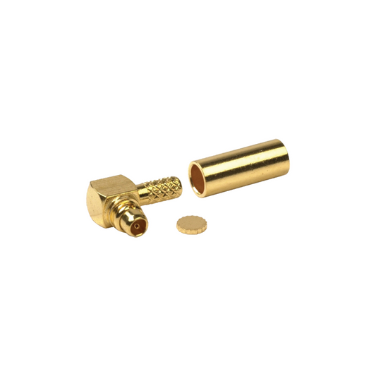 Conector MMCX Macho Inverso en Ángulo Recto para RG-174/U, Grupo B, Oro/ Oro/ Teflón.