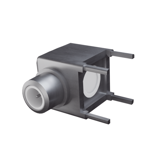 Conector SMB Hembra (PIN Macho) en Ángulo Recto de Montaje para PCB, 75 Ohm, Oro/ Oro/ Teflón.