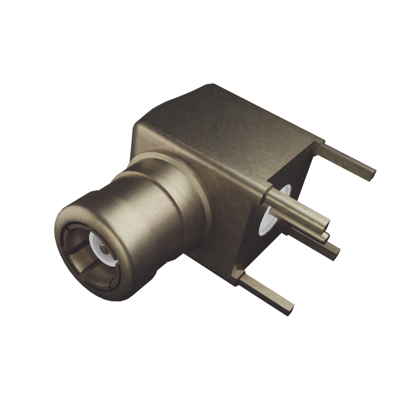 Conector SMB Macho (PIN Hembra) en Ángulo Recto, con Terminal y 4 Patas para Montaje en PCB, Oro/ Oro/ Teflón.â??