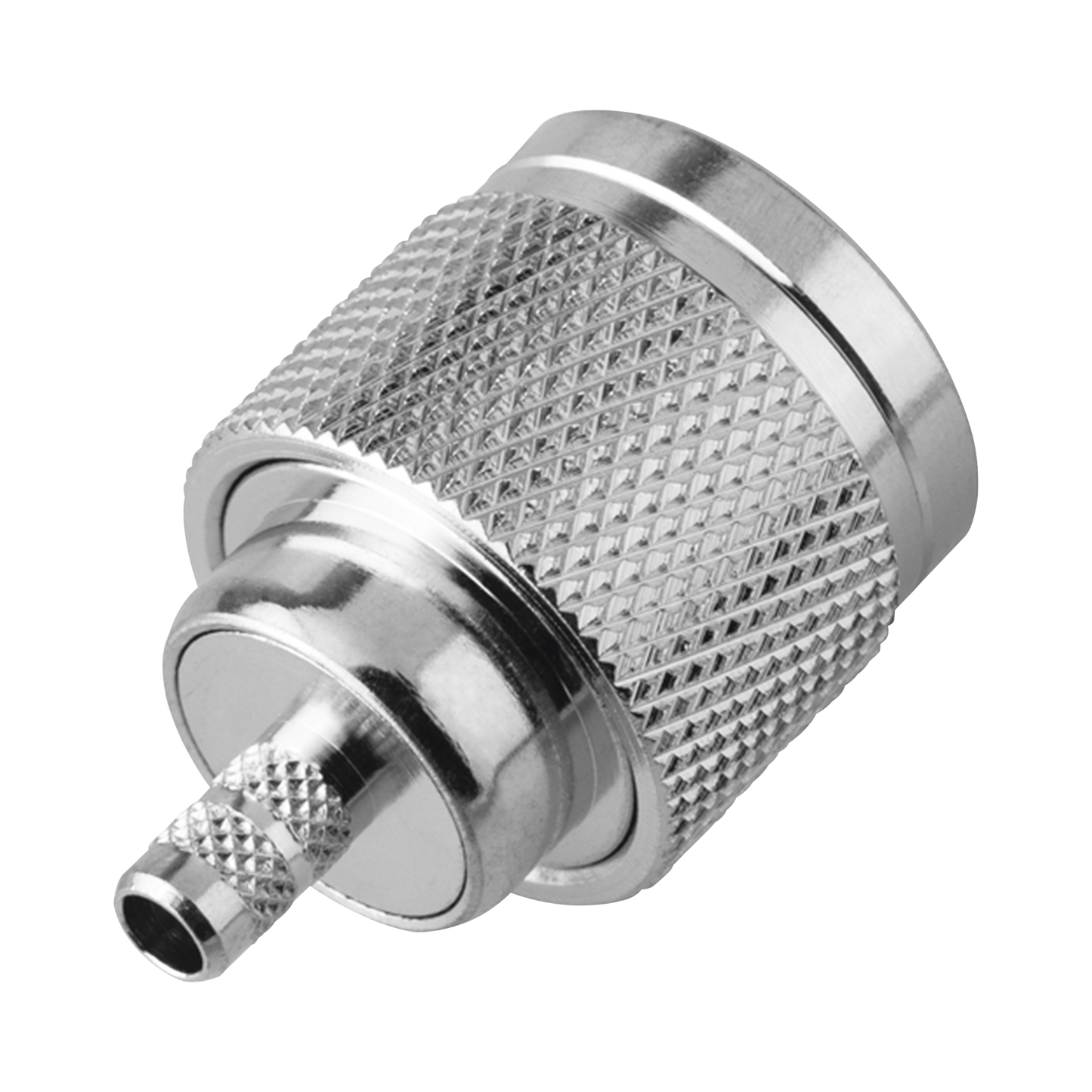 Conector N Macho de Rosca Izquierda, Anillo Plegable para Cable RG-58/U, Grupo C, Níquel/ Oro/ Teflón.