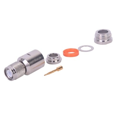 Conector TNC Macho de Rosca Izquierda Métrica, Tipo Rosca para RG-8/U, 9913, LMR-400, CNT-400 del Grupo I, Plata/ Oro/ Teflón.