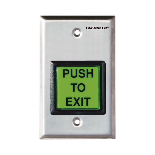 Botón de Salida / Con Iluminación / Con Placa de Pared de Acero Inoxidable / IP65 / Voltaje 12 / 24 Vcd / Mensaje de Idioma Intercambiable / 3 Placas de Idioma Incluidas