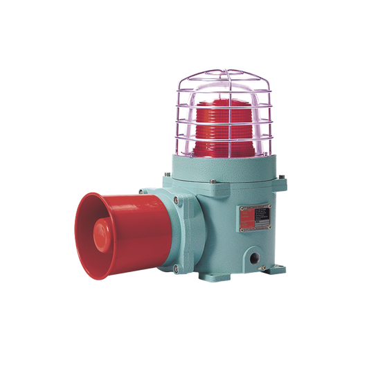 Combinación de baliza LED color Rojo con patrón fijo y flasheante con sirena electrónica, máx. 118 dB para zonas peligrosas a 120 VCA