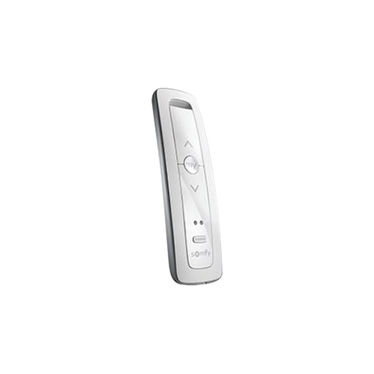 Control remoto 2 canales para motores de persiana Somfy con señal inalámbrica, instrucciones: sube, baja y detener, con posición favorita programada.