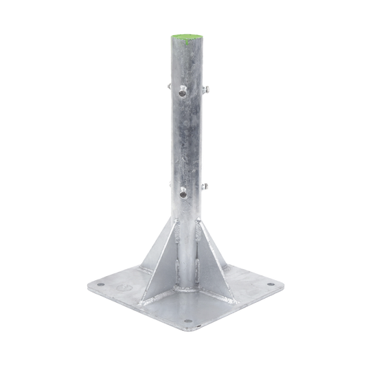 Base para Mástil Hasta 2" con Opresores, Base de 50 x 50 cm y Tubo de 80 cm Ced. 30. Galv. Inmersión.