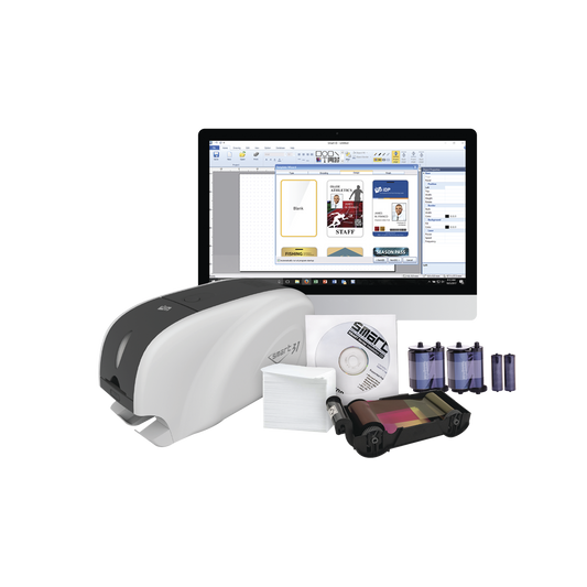 Kit Impresora de tarjetas PVC/ Una Cara /incluye: 2 x Ribbons, 100 Tarjetas PVC, Software, Kit Limpieza, Garantia 3 Años, Mascara de Seguridad UV