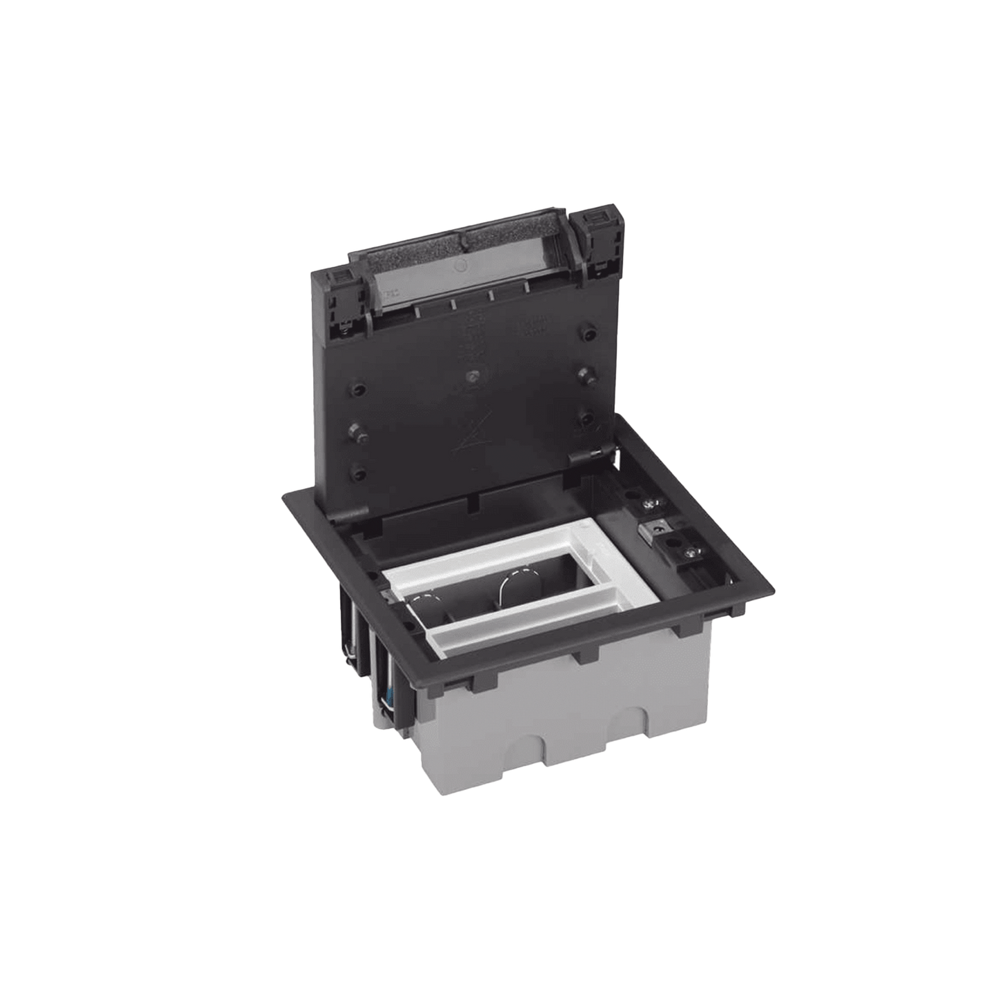 Caja de Suelo Simon Serie S / Para Voz, Datos o Contactos Eléctricos / Capacidad para 2 Módulos / Con Registro Integrado para Fijación en Concreto / Profundidad Ajustable de 70 a 100 mm / Alta Resistencia Mecánica y Térm