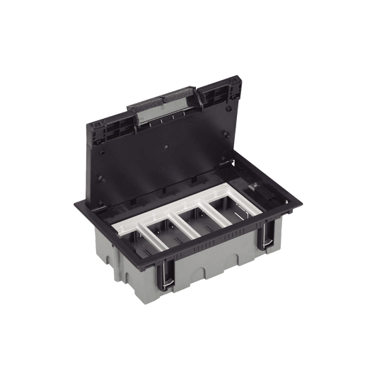 Caja Para Instalación en Pavimento para Voz, Datos o Contactos Eléctricos / Capacidad para 4 Módulos / Espacio Embellecedor en la Tapa / Profundidad Ajustable de 70 a 100 mm / Los Módulos se Adquieren Aparte / Incluye Registro