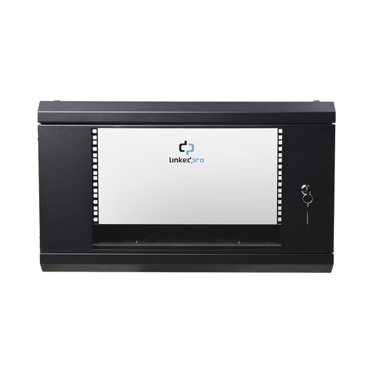 Gabinete de Pared de 6U con Puerta de Cristal Templado, 455 mm de Profundidad Total, Rack de 19in, Acero Reforzado Color Negro.