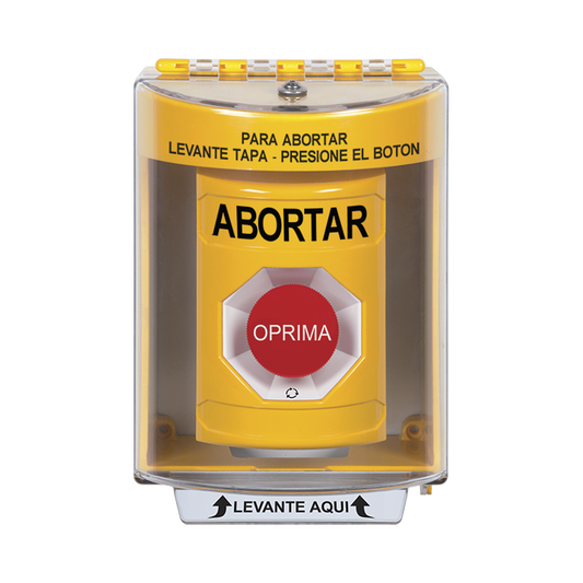 Botón de Abortar, Texto en Español, Tapa Protectora de Policarbonato Súper Resistente, Girar para restablecer