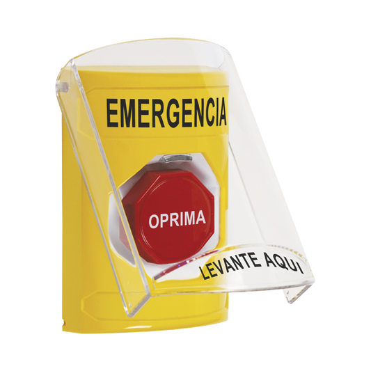 ?Botón Multipropósito, Color Amarillo, De Superficie, Con Tapa De Policarbonato, Con Bocina Pre Alarma, Solo Interior, Llave Para Restablecer, Texto De Emergencia, Español