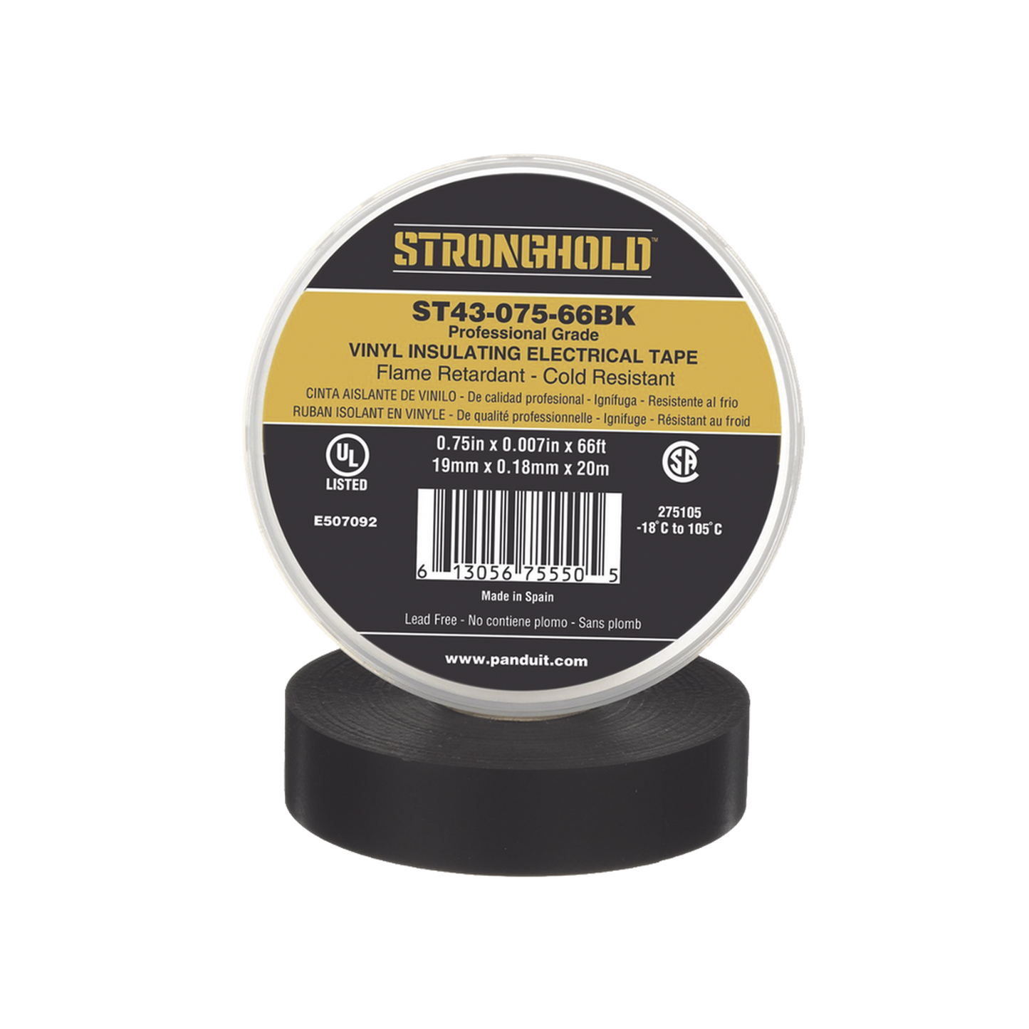 Cinta Eléctrica STRONGHOLD para Aislar, de PVC, Uso Profesional en Construcción Eléctrica, Grosor 0.18mm (7 mil), Ancho 19mm, y 20m Largo, Color Negro.