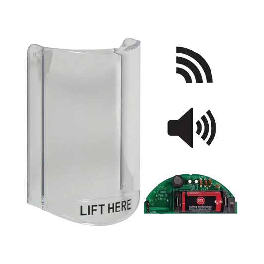 Cubierta Protectora De Policarbonato, Súper Resistente, Con Sonido, Con Transmisor Inalámbrico Para STI-V34104, Texto En Ingles, Para Botones Multiusos Serie Stopper® Station De STI