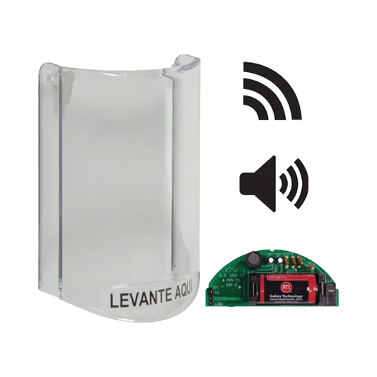 Cubierta Protectora De Policarbonato, Súper Resistente, Con Sonido, Con Transmisor Inalámbrico Para STI-V34104, Texto En Español, Para Botones Multiusos Serie Stopper® Station De STI