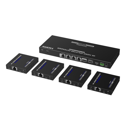 Kit Divisor y Extensor HDMI | 1x4 | Hasta 70 m |Resolución 4K @ 60 Hz | Cat 6/6a/7 | IPCOLOR | CERO LATENCIA | Puerto S/PDIF | EDID | RS232 | Salida Loop / PoC