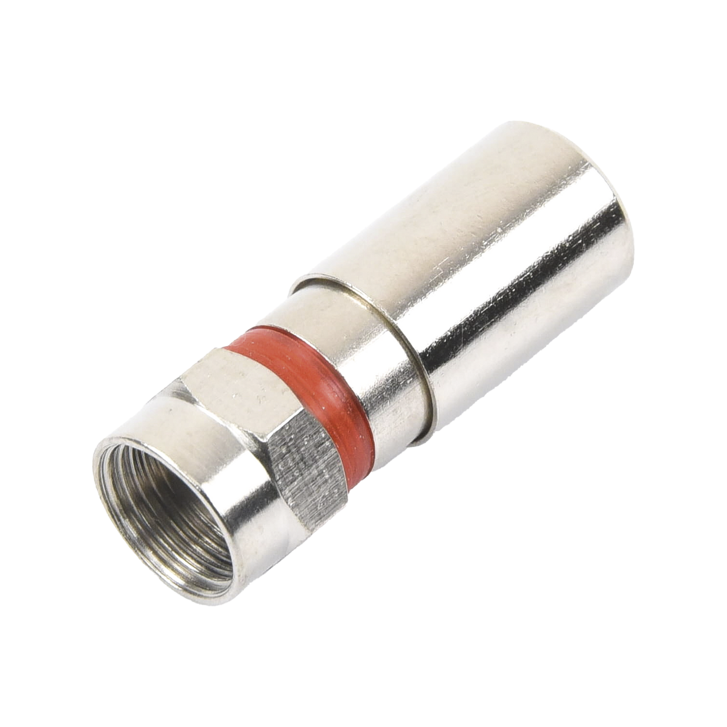 Conector F Macho de Compresión, Metálico para cable RG-59, Cuerpo de Bronce Niquelado.