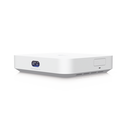 UniFi Cloud Gateway MAX, Router con todos los servicios UniFi, administra hasta 30 dispositivos UniFi y 300 clientes. 1 pto WAN 2.5G, 4 pts LAN 1G (uno configurable como WAN), seguridad IDS/IPS, VPN, bloqueo de apps/URLs, 512 GB memoria interna