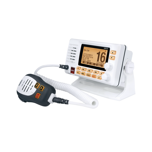 Radio Móvil Marino VHF, color blanco con receptor de GPS integrado, puerto de conexión NMEA 2000, 25W de potencia de RF, sumergible IPX8.