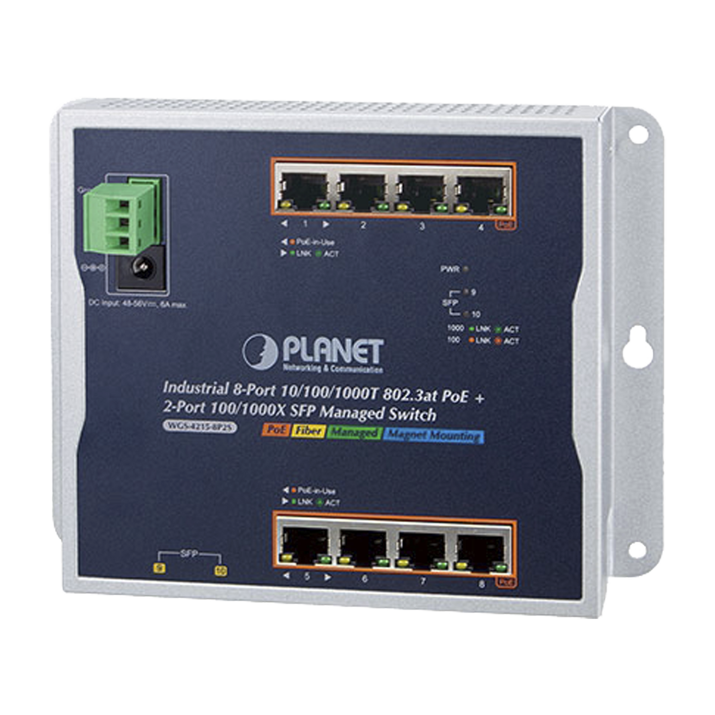 Switch Industrial PoE Administrable de Pared Capa 2, 8 Puertos Gigabit PoE 802.3at y 2 Puertos 100/1000X SFP