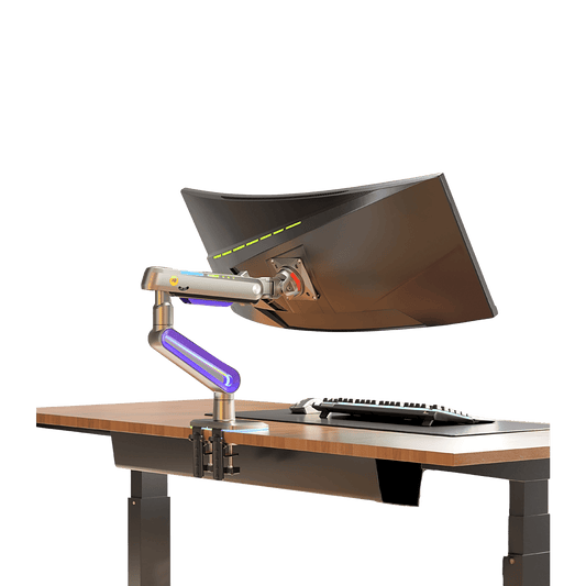 Montaje de Escritorio Ideal Para Monitores Gaming de 32"- 60" / Capacidad de Carga Maxima 20 Kg / Vesa 75 x 75 - 100 x 100 / Acero / Giro 360° / Color Carbon Mate con Cubierta Plastica Color Morado / Iluminación RGB