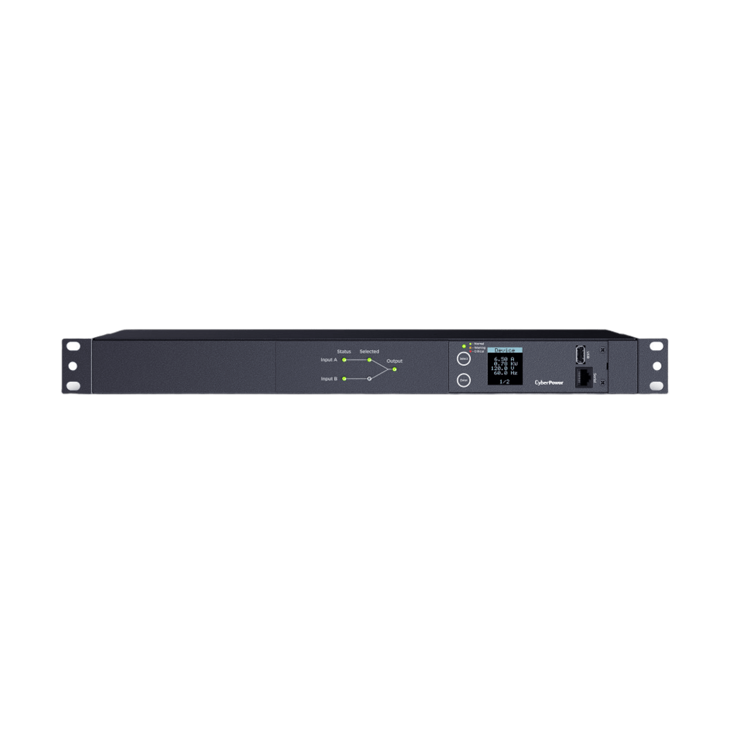PDU ATS (Fuente Redundante Auto-transferible) Medible, Para Distribución de Energía, 2 Entradas 120 Vca NEMA5-15P, Con 10 Salidas NEMA 5-15R, Horizontal 19in, 1UR
