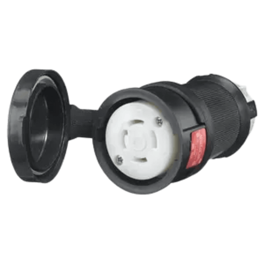 Conector Hembra con Bloqueo de Media Vuelta / 30 A 480 V CA / 3 Polos Trifásico / NEMA L16-30R / Terminal de Tornillo / Cubierta Hermética Negra / Color Blanco y Negro.