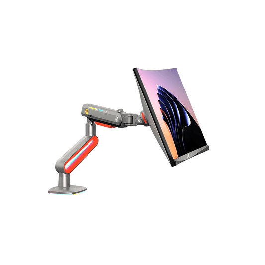 Montaje de Escritorio Ideal Para Monitores Gaming de 32"- 60" / Capacidad de Carga Maxima 20 Kg / Vesa 75 x 75 - 100 x 100 / Acero / Giro 360° / Color Carbon Mate con Cubierta Plastica Color Rojo / Iluminación RGB