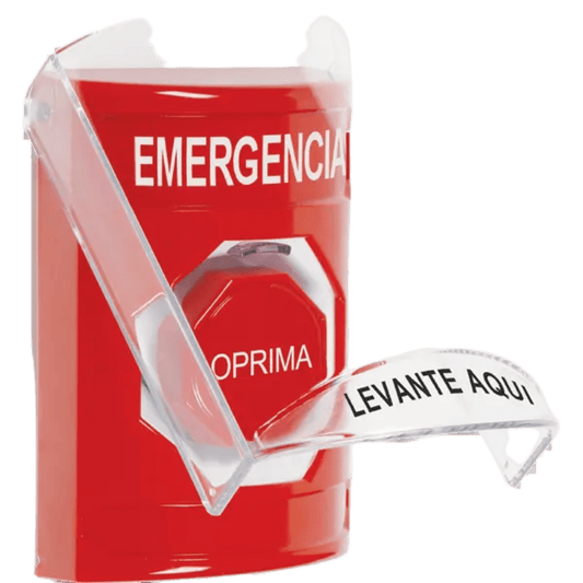 ??Botón Multipropósito, Color Rojo, De Superficie, Con Tapa De Policarbonato, Con Bocina Pre Alarma, Solo Interior, Llave Para Restablecer, Texto De Emergencia, Español