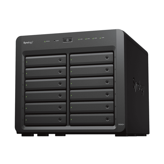 NAS Synology DiskStation DS2422+ | 12 Bahías | Expandible a 24 Bahías | Procesador AMD Ryzen Quad-Core | Hasta 32 GB DDR4 ECC | Caché NVMe SSD | Redes 10/25GbE | Compatible con Virtualización y Vigilancia.