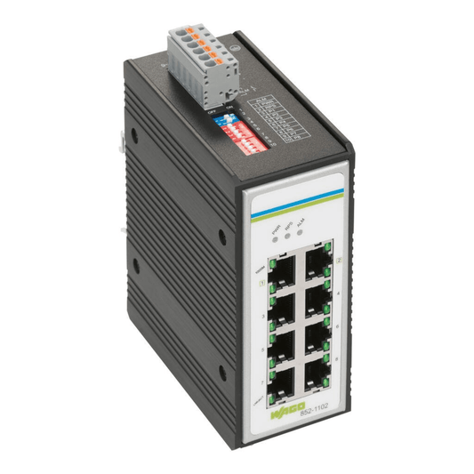 Switch Industrial ETHERNET / 8 Puertos 1000Base-T / Alimentación Redundante de CC / Rango de Tensión 9-57 V / Carcasa Metálica / Montaje en Carril DIN-35 / IP30 / -40 a +70 °C