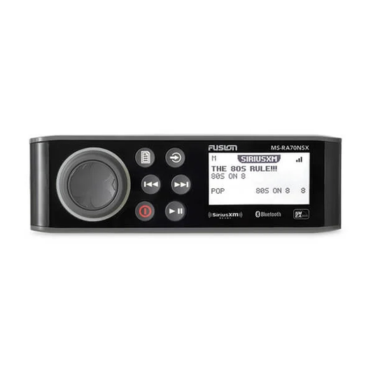 Sistema de Audio Marino MS-RA70 / Pantalla LCD Monocroma 2.6" / Tecnología Multi-Zone™? 2 Zonas / Potencia Pico 200 W / Bluetooth® y ANT® / Compatible con SiriusXM y DAB+ / IPX7 / USB para Actualizaciones