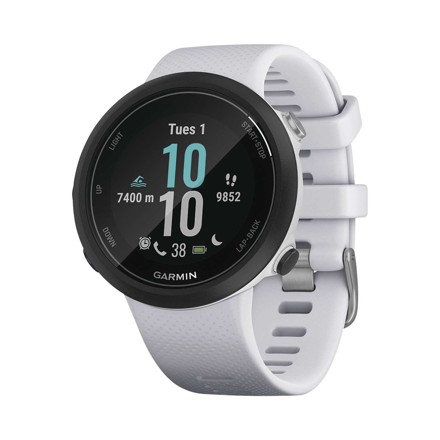 Reloj Garmin Swim 2 color blanco, ideal para uso en deportes o actividades de natación.