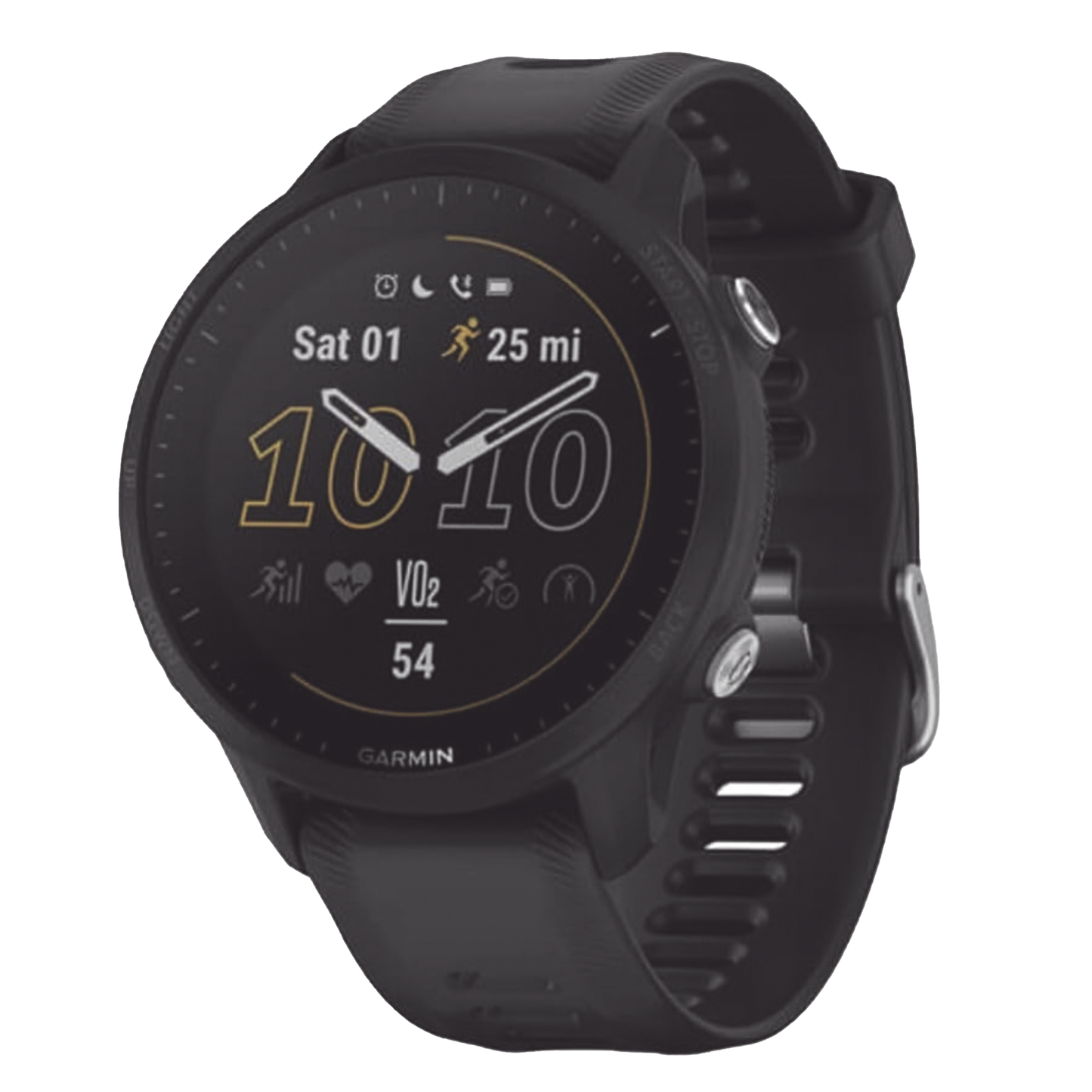 Reloj Garmin Forerunner 955 color negro en correa de silicón, con funciones premium de entrenamiento.