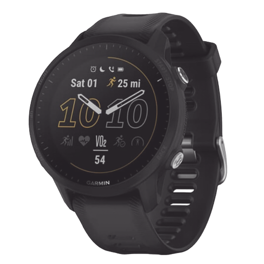 Reloj Garmin Forerunner 955 color negro en correa de silicón, con funciones premium de entrenamiento.