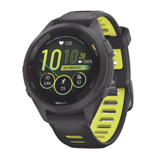 Forerunner® 265S, Bisel y carcasa en negro con correa de silicona en negro/amarillo