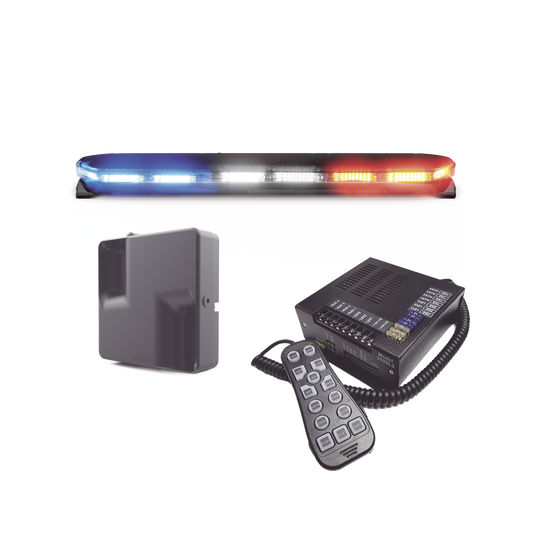 Kit de Sirena, Bocina y Torreta de 47", Serie 16 con 300 LEDs, Dual Color, Frente: Rojo/Blanco, Azul/Blanco, Trasero: Rojo/Ámbar, Azul/Ámbar