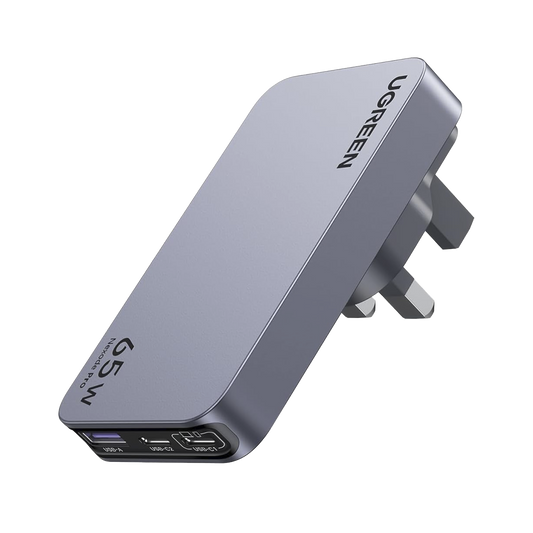 Cargador rápido de viaje GaN de 3 puertos y 65 W con enchufes de EE. UU., Reino Unido y UE.