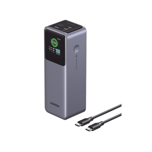 Power Bank de 20000mAh | 3 Salidas 100W Max. | USB-A + 2 USB-C | PD 3.0 | QC3.0 | FCP | SCP | Pantalla Inteligente | Carcasa Ignifuga | Color Gris | Incluye Cable USB de 50cm | Carga tu Laptop de Manera Segura.